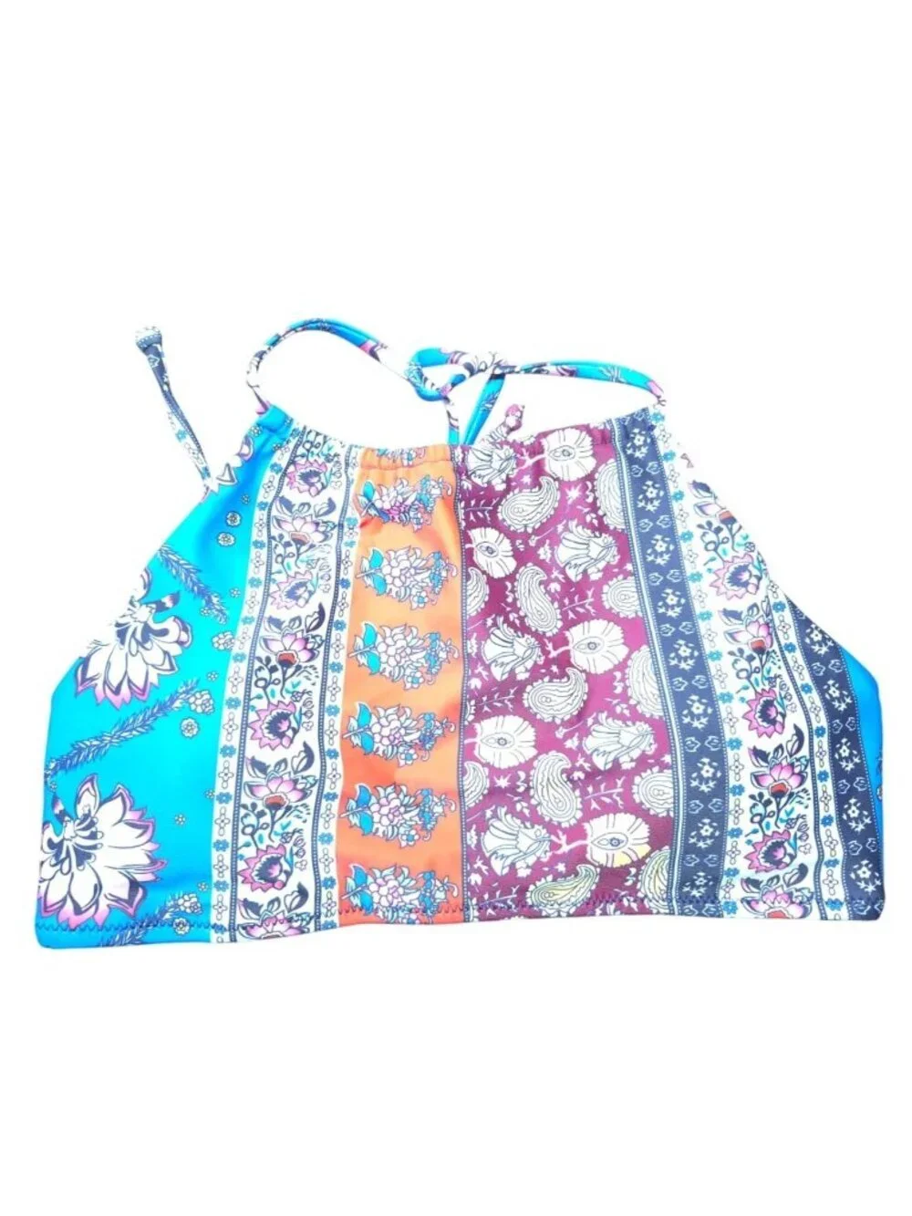 Boho High Neck Bikini Set Womens Medium Floral Paisley Print Swimwear Stretch.